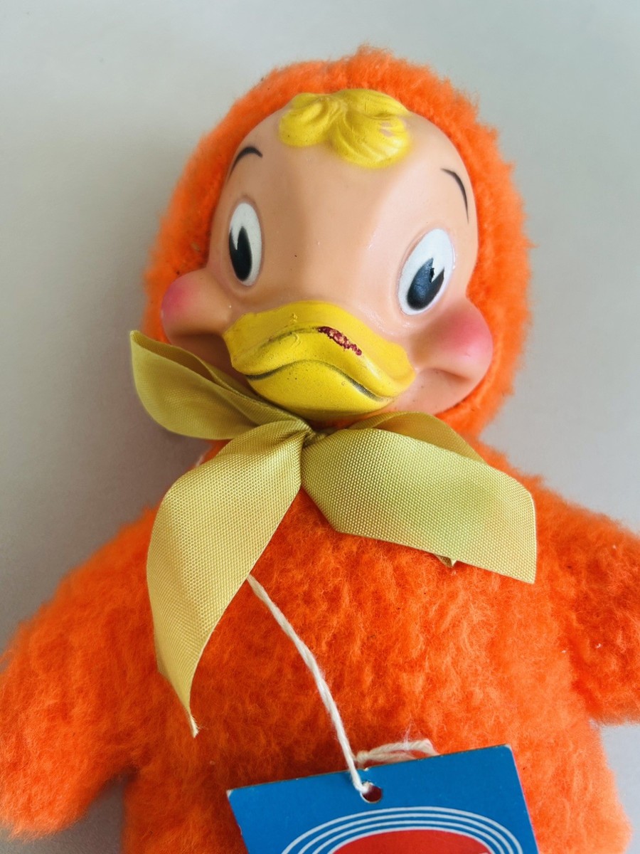 Vintage 1960s Rubber Face Duck Orange Chick Plush 10” Collectible