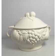 Vintage Over and Back Japan Ceramic Soup Tureen with Lid & Ladle Embossed Fruit