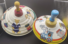 Ohio Art Spinning Top Toy, Litho Tin Circus Animal Train, Wooden Knob Vintage