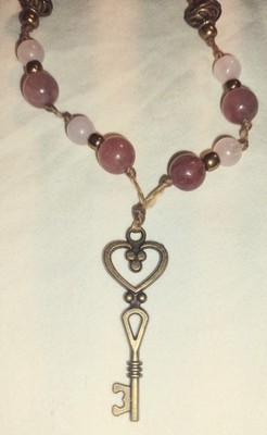 Natural Gemstone Necklace Strawberry Quartz + Rose Quartz+ Bronze Key.