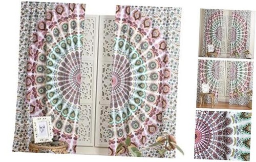 Indian Hippie Bohemian Beautiful Peacock Mandala Curtain Panels White