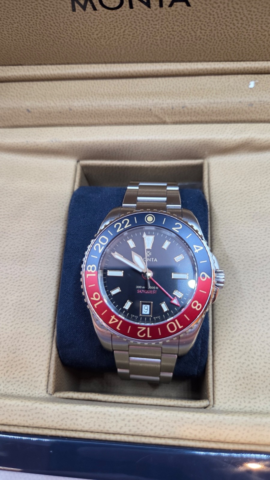 Monta Skyquest GMT Blue & Red Bezel Automatic Watch 40mm Black Dial With Box image 5