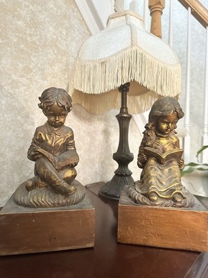 Vintage Book Ends Antique Gold Color Boy Girl Reading