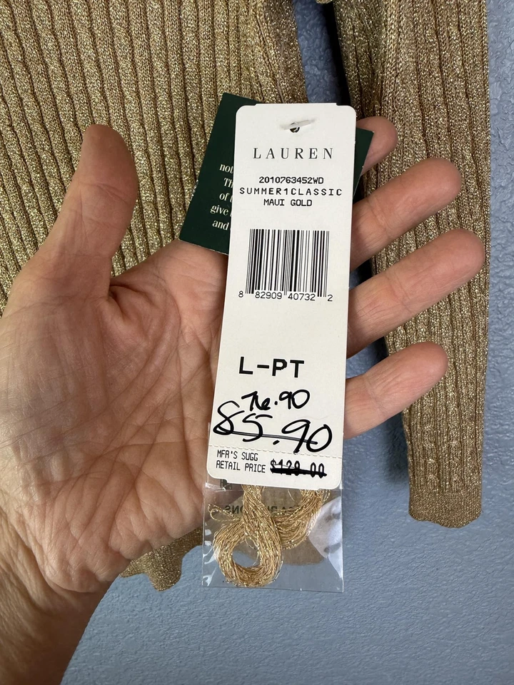 Suéter Lauren Ralph Lauren Mujer Grande Pequeño Dorado Metálico Mezcla Seda Nuevo con Etiquetas Foto 4 de 4