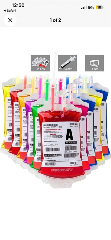 Vampire Blood Bag Party Favors Set w/ Syringes, Tubes & Labels - 10 Pack