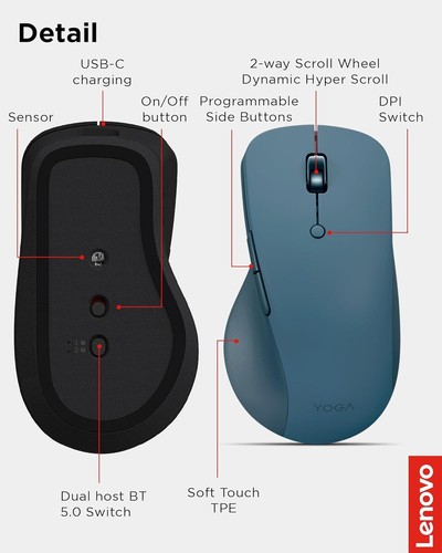 Lenovo Yoga Pro Mouse, Bluetooth, USB-C Rechargable, Dual Mode Tidal Teal - Picture 7 of 7