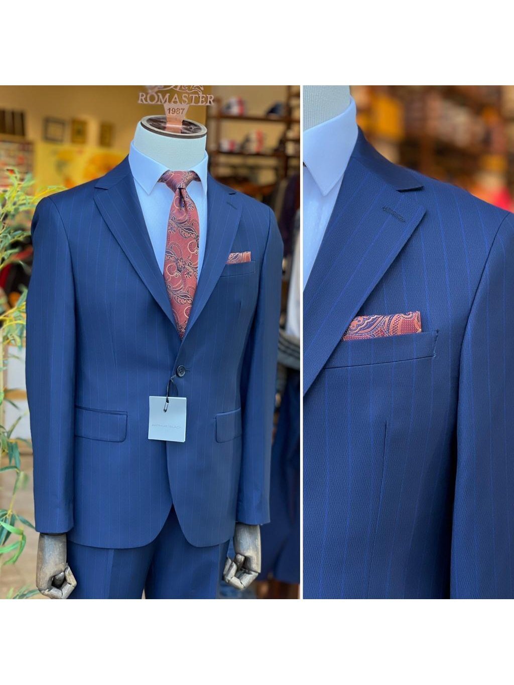 Мужской темно-синий приталенный костюм Arthur Black в тонкую полоску из 100% шерсти VBC с отделкой