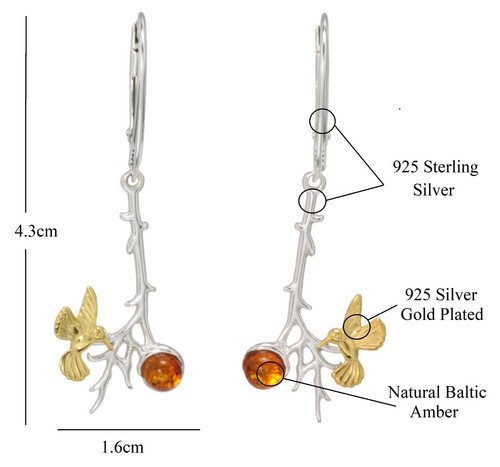 NATURAL BALTIC AMBER STERLING SILVER 925 Earrings Droop Dangle Bird Gold Plated - Picture 8 of 8