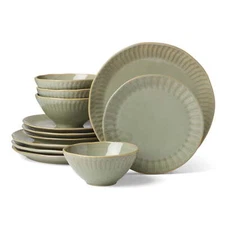 Service for 4, 12-Pce Artisanal Green Stripe Stoneware Tableware Dinnerware Set