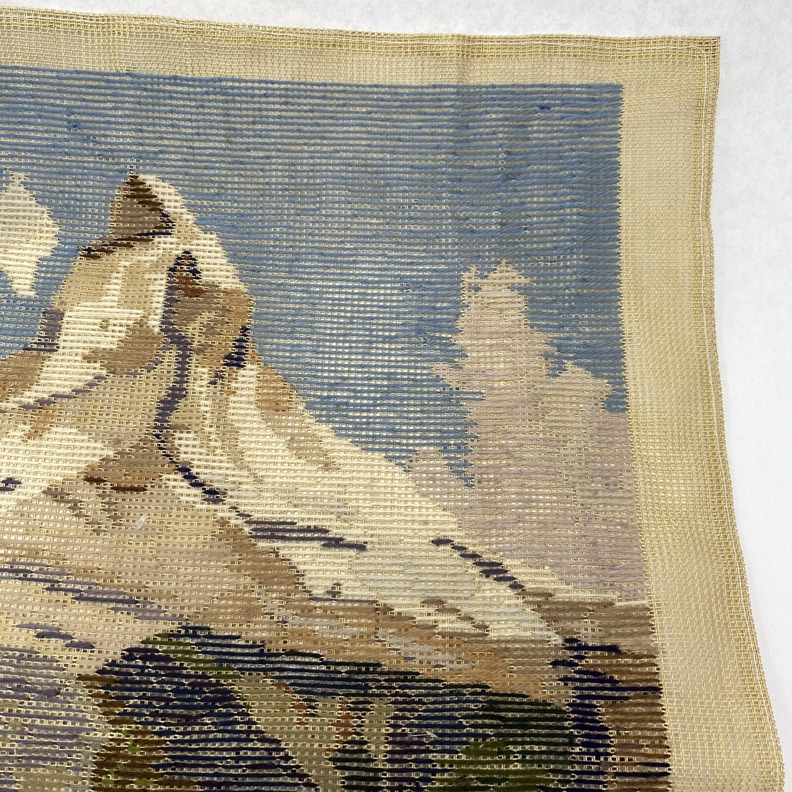 Vtg Handarbeit Tapestry VILLAGE MOUNTAIN Hand Embroidered Signed Josef Burber