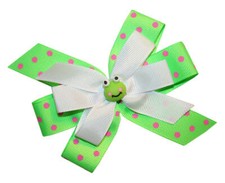 WD2U Girls Lime Green  Pink Polka Dotted Frog Grosgrain Hair Bow Alligator Clip