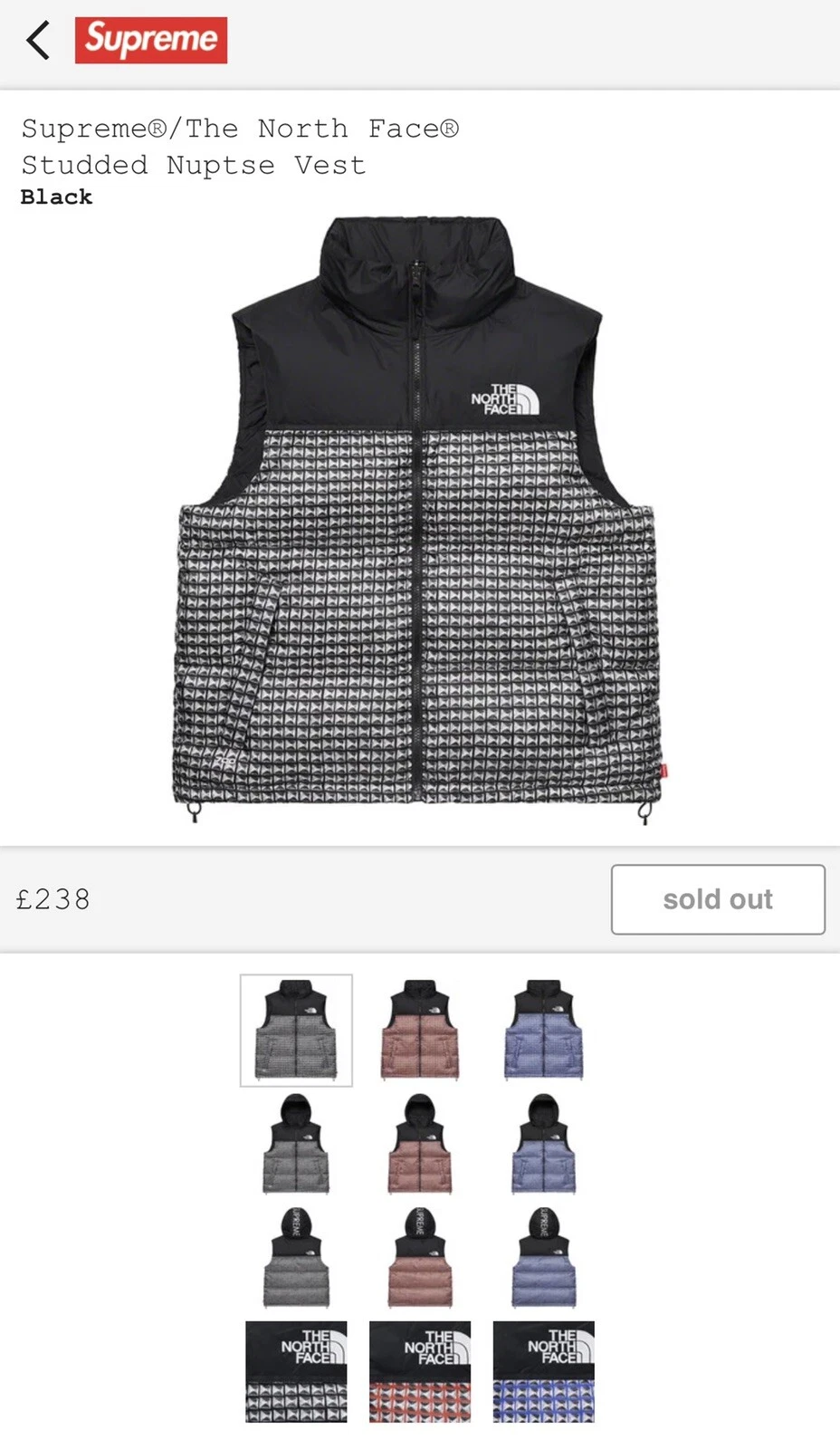 Gilet Nuptse clouté noir Supreme x The North Face taille M Deadstock