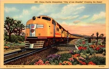 Linen Postcard Union Pacific Streamliner City of Los Angeles Crossing The Desert