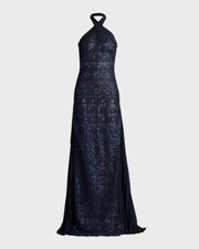 New, Tadashi Shoji Sleeveless Sequin Floral Lace Halter Gown Size 12 EP422