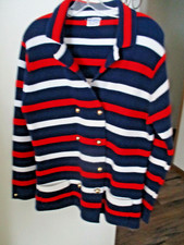 VTG 60's MOD WHITE RED BLUE STRIPE USA DOUBLE BREASTED CARDIGAN SWEATER L