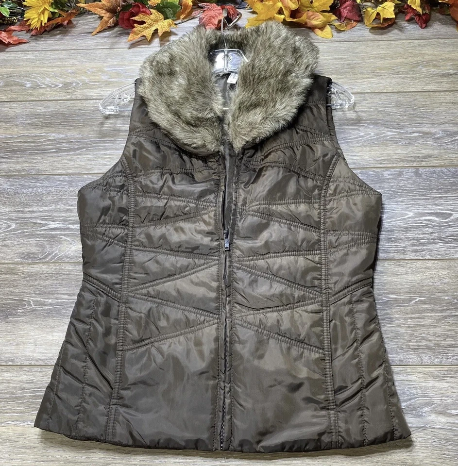 Exertek Faux Fur Vest Size Small Fur Trim Full Zip Brown Soft Shell Pockets - Image 3 of 4