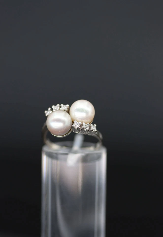 585/- 14ct WG Perl Ring, Damen 6 Diamanten 0,3ct , Ringgröße 53  - Bild 2 von 3