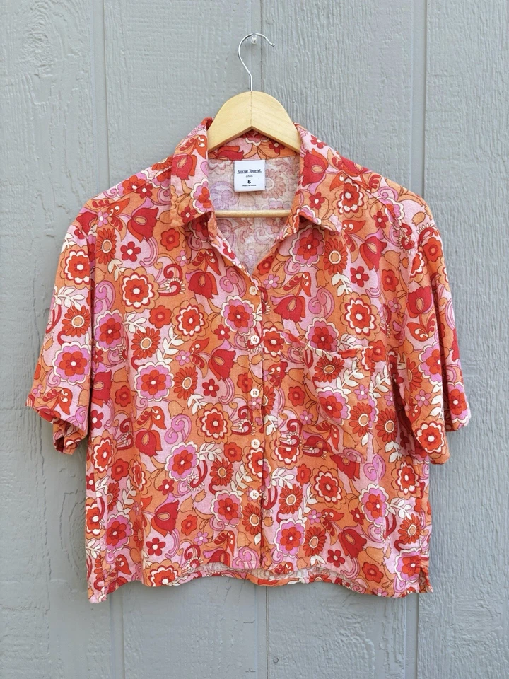 Blusa para mujer Social Tourist mezcla de lino abotonada Hollister años 70 hippie boho S Foto 3 de 4