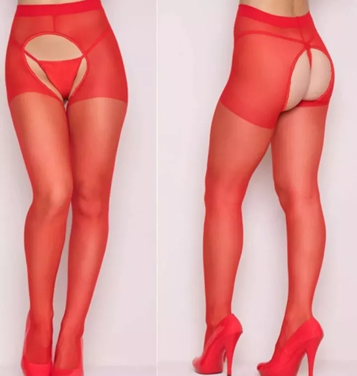 Hot Women Sexy open crotch crotchless 20D sheer RED nylon tights