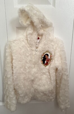 Disney Princess Elena of Avalor Off White Faux Fur Zip Up Jacket Girls Size 5