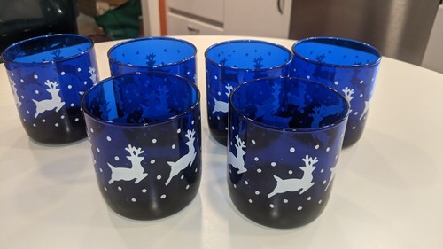 6 occhiali vintage blu cobalto Libbey * renne e neve * 8 once * condizione A + - Foto 2 di 3