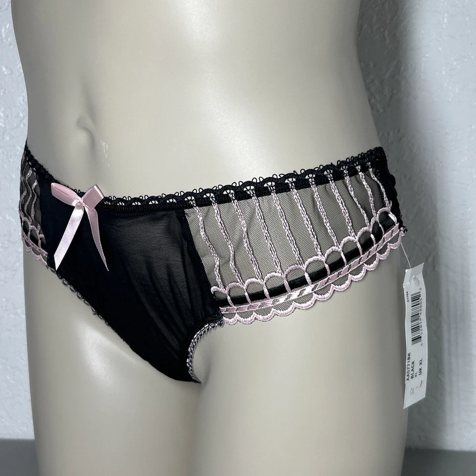 Tanga de encaje de malla Freya Panty para mujer UK XL negro rosa lazo AA5771BK Foto 2 de 4