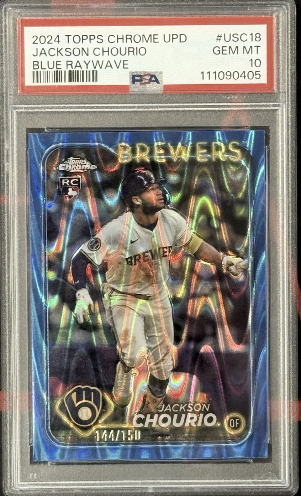 JACKSON CHOURIO 2024 TOPPS CHROME UPDATE ROOKIE BLUE RAYWAVE /150 PSA 10 #USC18