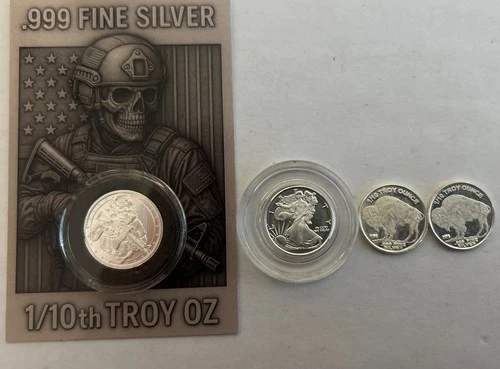 Silver Bullion Lot of 4x 1/10 Troy Ounce Silver 2xbuffalo 1x walking liberty.
