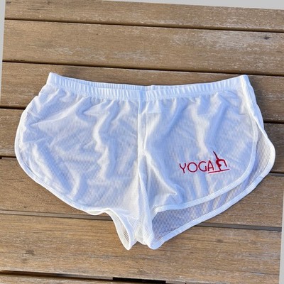 H.E.Arts Yoga custom embroidery mens white mesh euro split short booty shorts