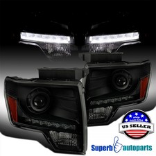 Fits 2009-2014 Ford F150 Projector Headlight Led Strip Lamp Black Smoke