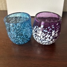 2 Cobalt Blue White purple Recycled Art Glass Hand Blown Votive Candle Holders