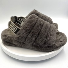 UGG Fluff Yeah Slide Charcoal Gray Sheepskin Platform Slippers 1095119 Womens 7