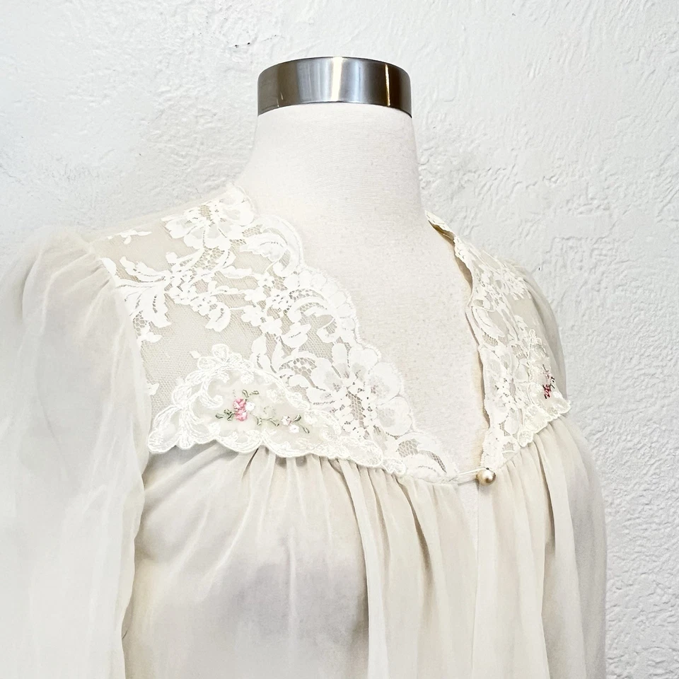 Bata Peignoir Vintage Crema Tul Transparente Malla Encaje S/M Foto 4 de 4