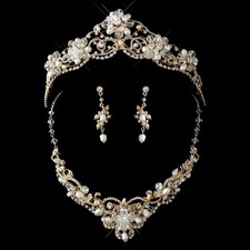 Gold Pearl Rhinestone Crystal Bridal Wedding Necklace & Tiara Set
