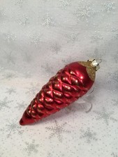 LARGE RED GLASS PINE CONE WITH GOLD GLITTER CHRISTMAS ORNAMENT 6 1/2" LONG