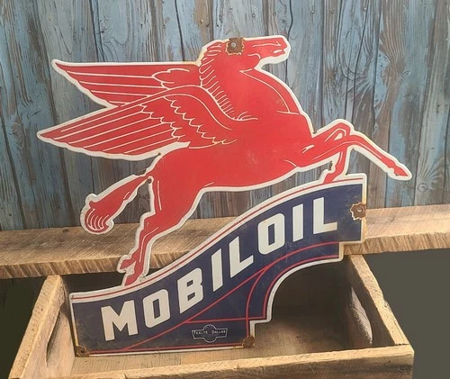 Large Vintage MOBILOIL PEGASUS Porcelain Metal Sign Mobil Gas Oil SIGNED TEXLITE