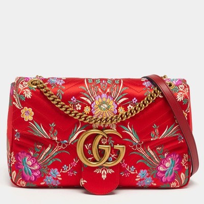 Gucci Embroidered GG Marmont Medium Red Matelasse Satin Shoulder Bag