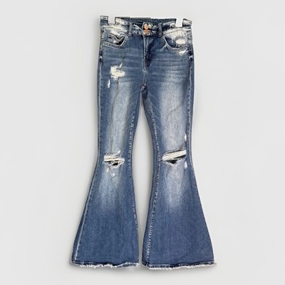Flying Monkey Mid Rise Super Flare Jeans Womens 28 Distressed Raw Hem Y4030R