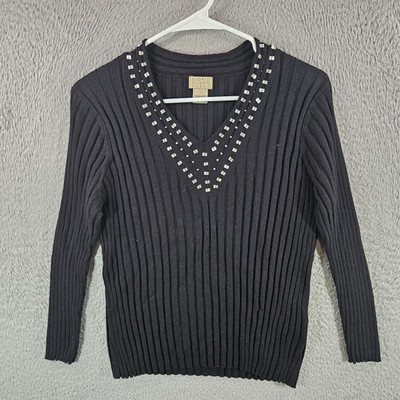 Sigrid Olsen Sport Womens Black Studded V-Neck Ribbed Knit Sweater Size L