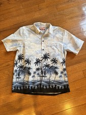 Vintage RJC Hawaiian Blue Aloha Camp Shirt Clouds Sky Palm Trees Island Men's XL