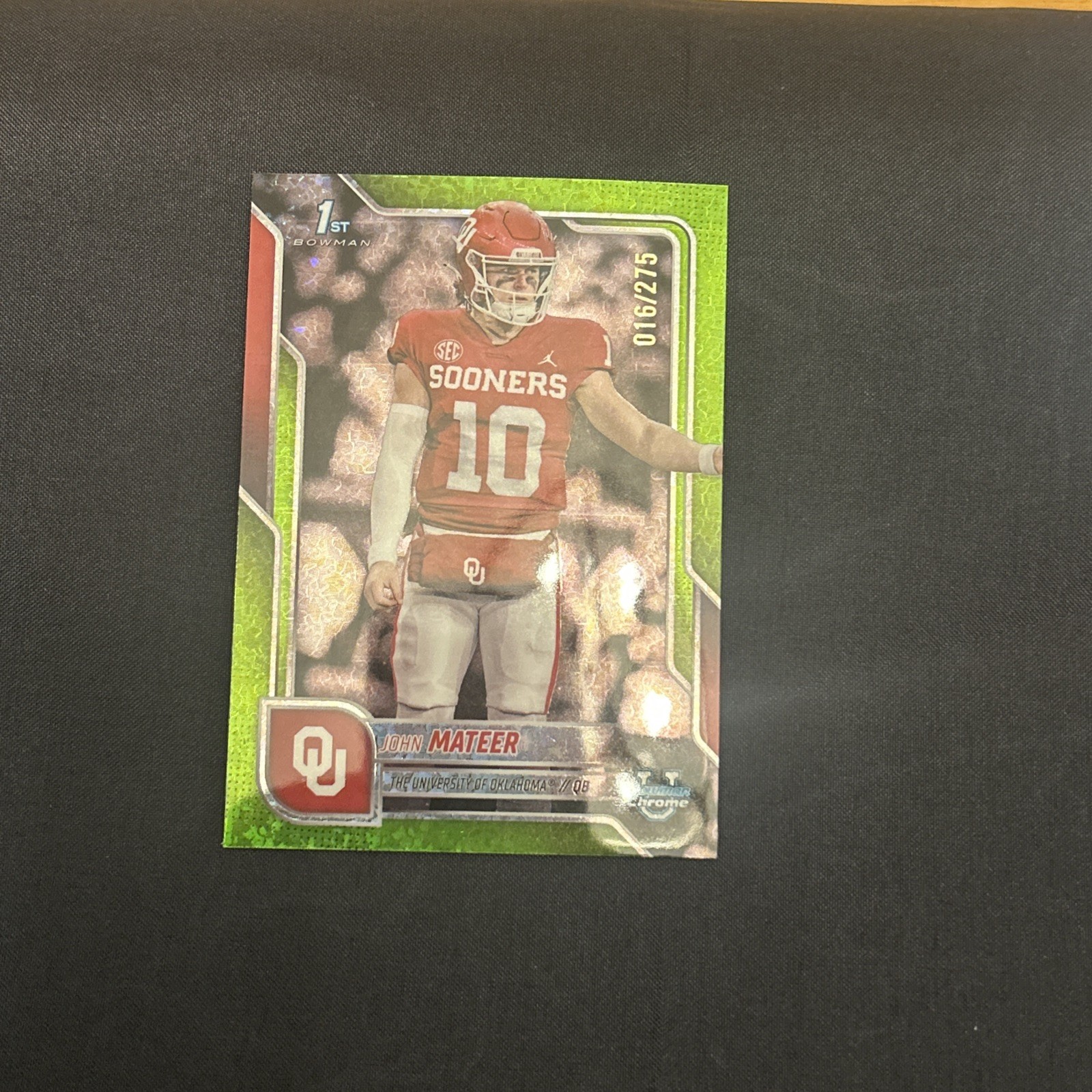 John Mateer 2025 Bowman U 1st Chrome Lime Green Refractor /275 RC Oklahoma