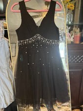 Black Beaded Tulle Fit  Flare Sleeveless V-Neck Short Dress, Size M