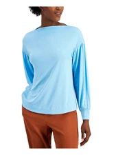 ALFANI Womens Light Blue Pouf Boat Neck Top L