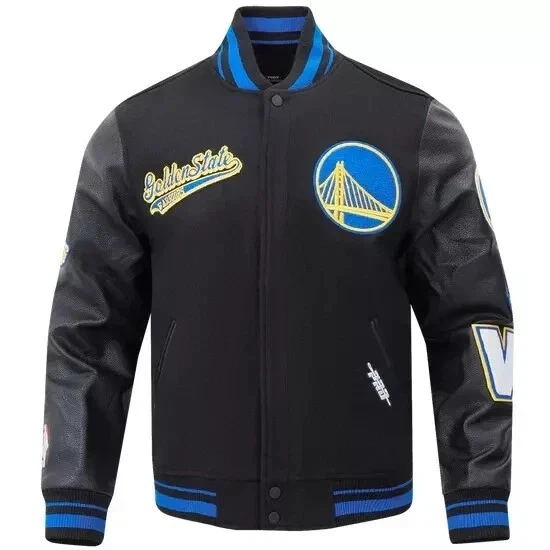 NBA Golden State Warrior Varsity Jacket – Black Wool & Leather Bomber Style Coat