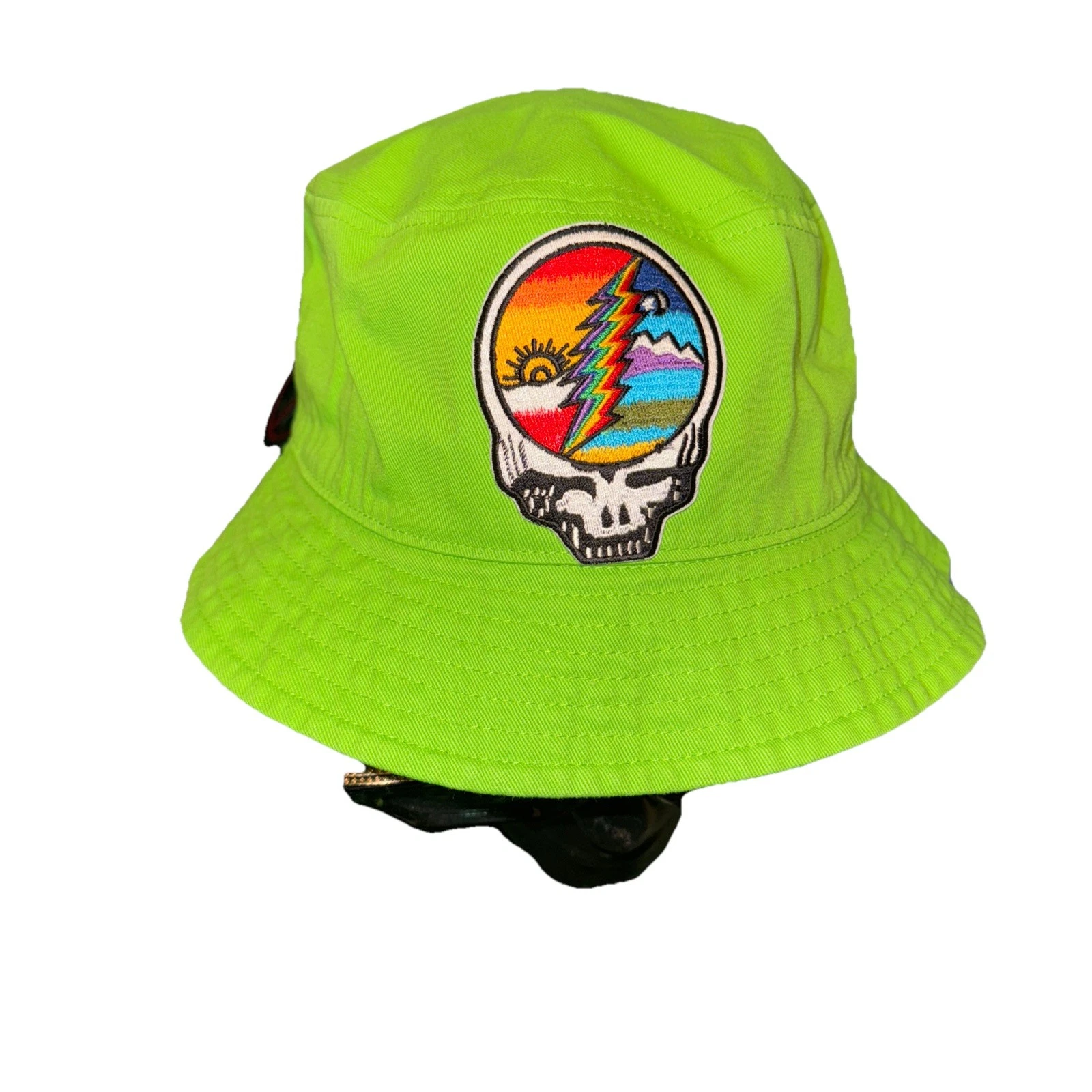 Colorful Skull Band Patch Bucket Hat Lime Size L/XL