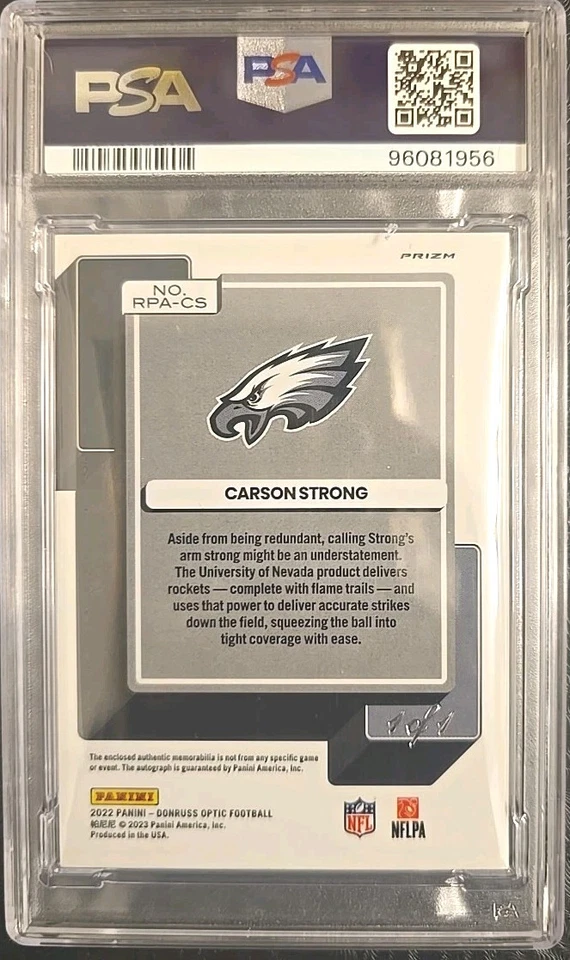 2022 CARSON STRONG DONRUSS OPTIC NFL SHIELD 1/1 GOLD VINYL NFL SHIELD RC PSA 8 - Image 4 of 4