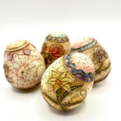 Menge 4 Deko Kunst Crackle Harz Ostereier Hase Blumen - Bild 1 von 4