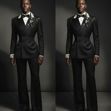 2 Pcs Men Suits Party Luxury Tuxedos Beading Banquet Double Breasted Tuxedos