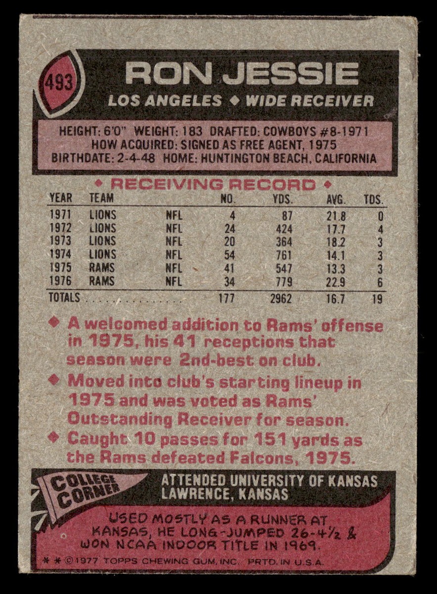 1977 Topps Ron Jessie #493 VG Los Angeles Rams | eBay