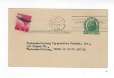 1948 UX27 Uprated Postal Card New York to Pietermaritzburg South Africa, 2c #900